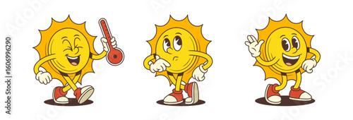 Bright cartoon sun mascot with playful expressions, including waving, thinking, and holding a thermometer. Ideal for weather apps, summer ads, or educational designs. Vector illustration
