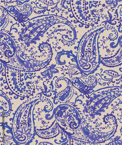 Paisley seamless vector pattern in traditional Oriental style. Decorated with flowers, leaves, and fantasy elements, for fabric, textile and wallpaper covers