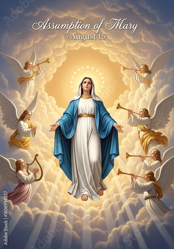 Assumption of Mary celebration with angels in a celestial cloudscape ethereal and divine