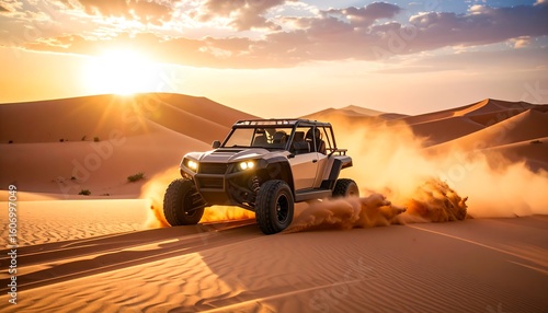 Fototapeta Naklejka Na Ścianę i Meble -  Off-road vehicle in desert sunset (1)