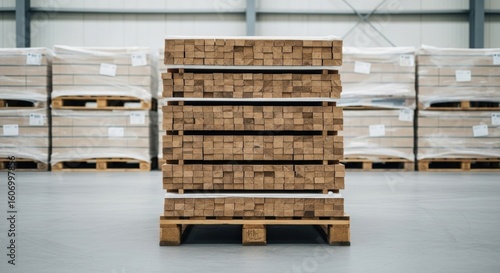 Boards neatly stacked on pallets after wood cutting, ready for shipment to the customer, background: warehouse with raw material pallets