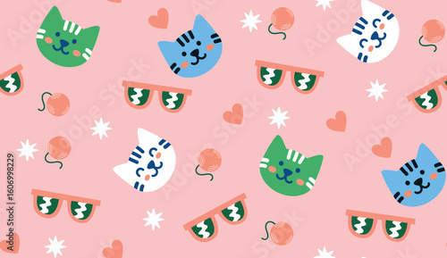 Colorful Cats Pattern on Orange Background - Elegant and Artistic Feline Seamless Design