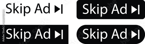 Skip ads buttons and icons set in flat, solid, and colorful vector styles. Media control button group, skip advertisement collection, next, forward, video navigation, and playback symbols