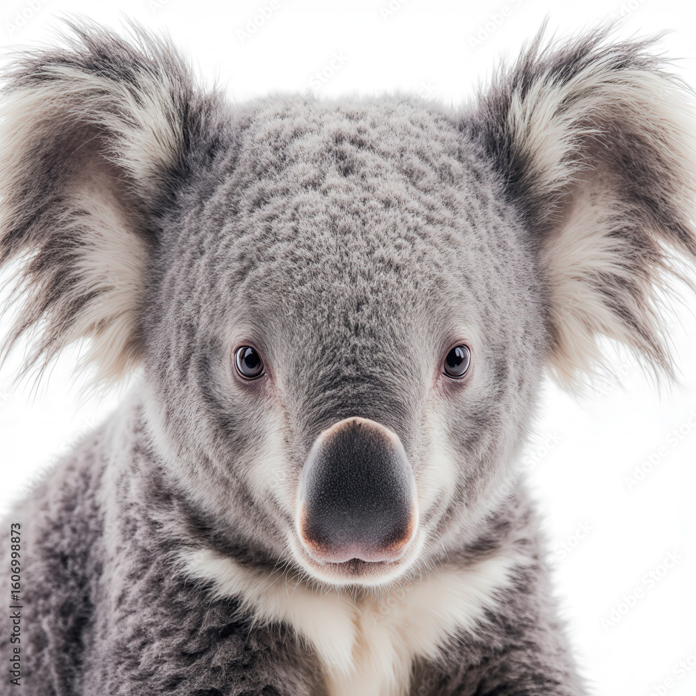 Obraz premium Koala in Focus: A captivating close-up portrait of a serene koala, its endearing features and soft gray fur beautifully rendered in stunning detail. 