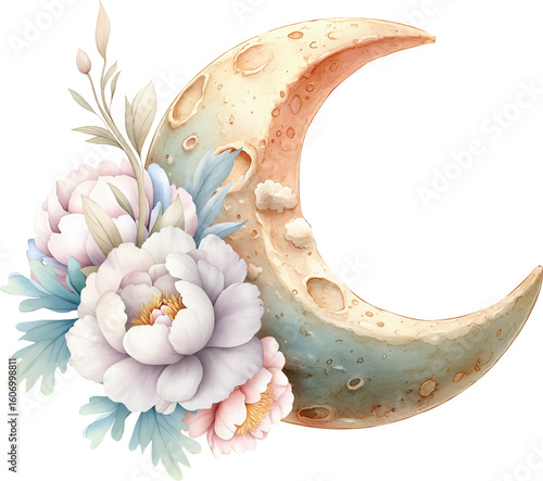 A watercolor crescent moon with crater texture, adorned with a bouquet of pastel peonies and foliage. An atmospheric, romantic composition in soft hues that blends lunar and floral motifs.