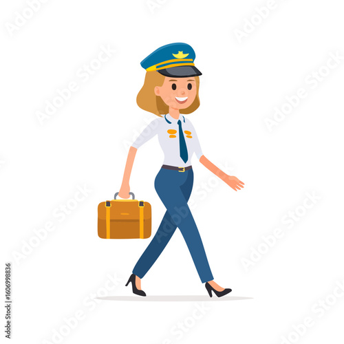 Cartoon Female Pilot Walking with Briefcase Professional Attire 1.