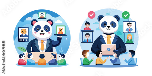 Panda Boss Leading a Video Conference, Virtual Meeting Leadership, Cute Corporate Panda Vector, Remote Work Illustration, Business Team Online Collaboration Design