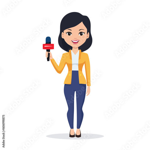 Cartoon female reporter holding a microphone ready to broadcast news.