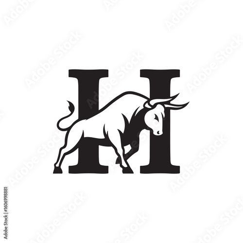 Bold Letter H Monogram Featuring a Powerful Bull Illustration