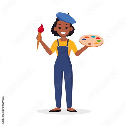 Cheerful artist in blue overalls holding a paintbrush and palette.