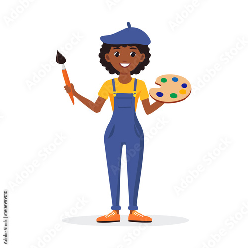 Cheerful artist with beret overalls holding paintbrush and palette.
