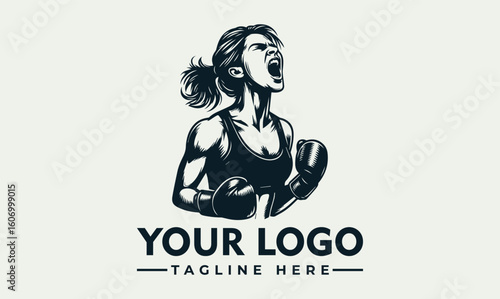 Powerful female boxer logo design, victorious pose, monochrome illustration, strong woman.