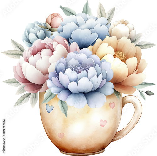 Cozy watercolor artwork of a golden ceramic mug filled with lush pastel peonies and leaves. The romantic palette and delicate detailing suit wedding stationery, cottagecore branding, cards, posters