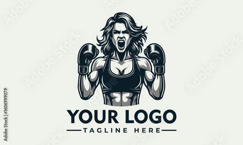 Fierce female boxer with gloves, yelling aggressively, ready to fight, logo design.