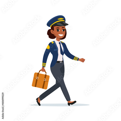 Female pilot in uniform walking with a briefcase.