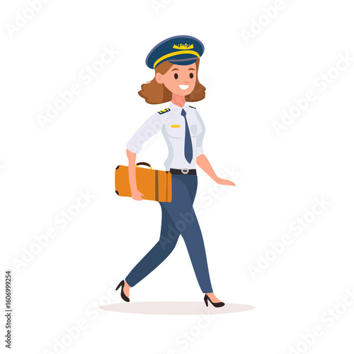 Female Pilot Walking with Luggage Professional Aviation Attire.