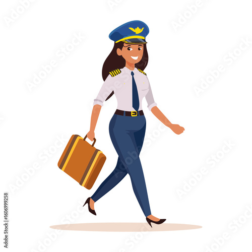 Female pilot in uniform walking with a suitcase.