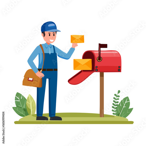 Friendly mail carrier delivering letters to a red mailbox.