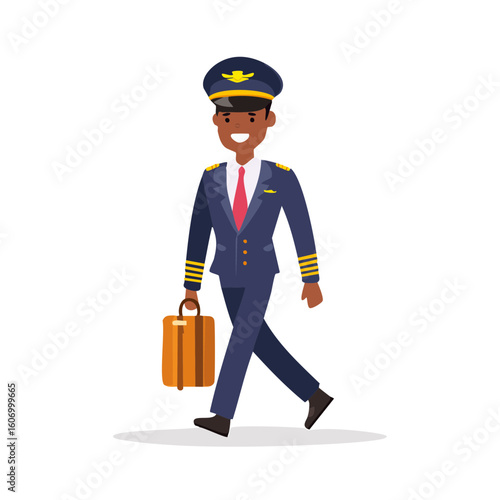 Smiling male pilot in uniform walking with a suitcase 1.