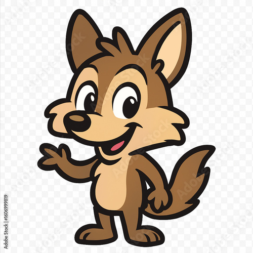 A cute cartoon fox with brown fur and a bushy tail, depicted with a playful grin and one paw raised in a friendly wave, on a clear background.
