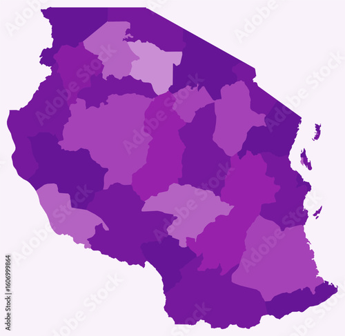 Map of Tanzania with regions. Just a simple country border map with region division. Purple color palette. Flat United Republic of Tanzania shape with administrative division. Vector illustration.