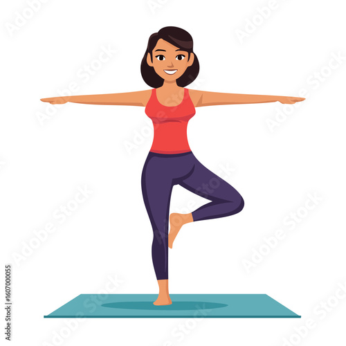 Woman Performing Yoga Tree Pose on Mat.