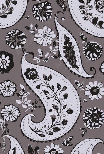 Paisley seamless vector pattern in traditional Oriental style. Decorated with flowers, leaves, and fantasy elements, for fabric, textile and wallpaper covers