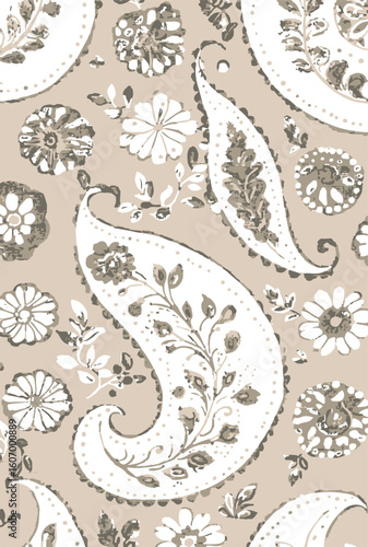 Paisley seamless vector pattern in traditional Oriental style. Decorated with flowers, leaves, and fantasy elements, for fabric, textile and wallpaper covers