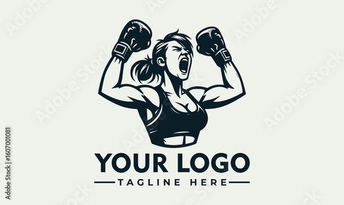 Illustration of a muscular woman wearing boxing gloves, raising her arms and yelling in victory.