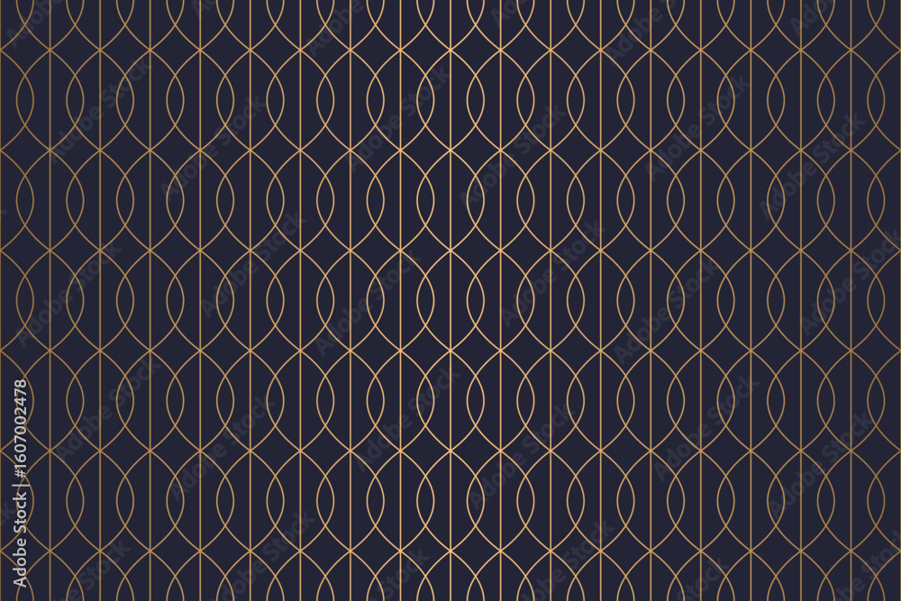 Fototapeta premium Elegant art deco seamless pattern with overlapping golden curved lines on a deep navy background.