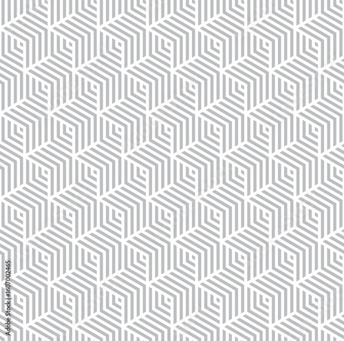 Seamless geometric pattern of repeatinghexagon,  outlined diamonds and chevron shapes in gray on a white background.