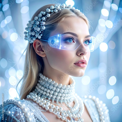 Futuristic woman, adorned in white