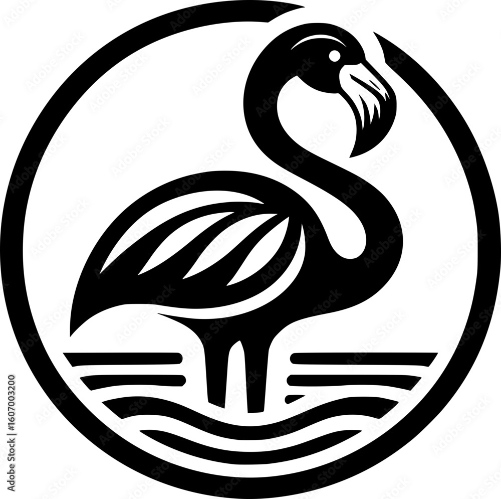 Naklejka premium Minimalist black and white flamingo icon with clean lines. No shading. Ideal for logos, stickers, or digital use. Modern, simple, and scalable.