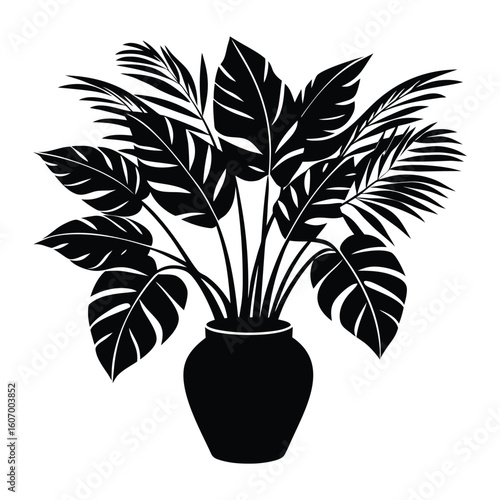 Elegant Black Silhouette Tropical Plant in Pot