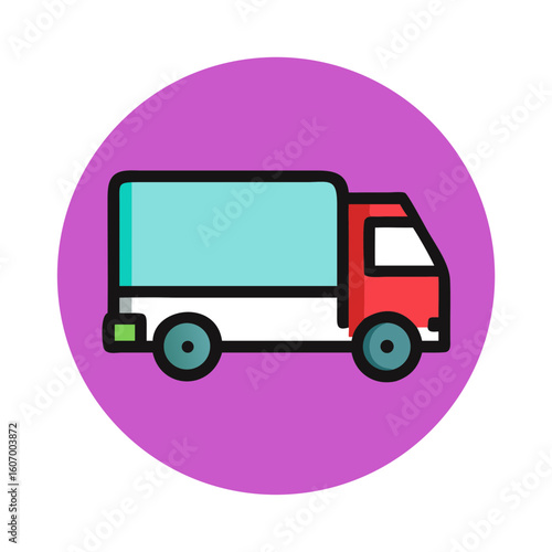 delivery truck icon on a purple circular background, representing transport and logistics