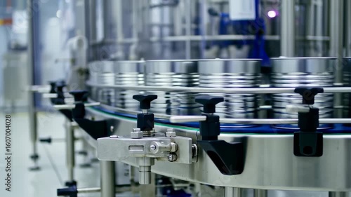 Close-up of a high-speed metal conveyor belt system for food cans in a factory