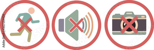 Public Place Rules Icon Set, No Running, Quiet Please, No Photography Signs Vector