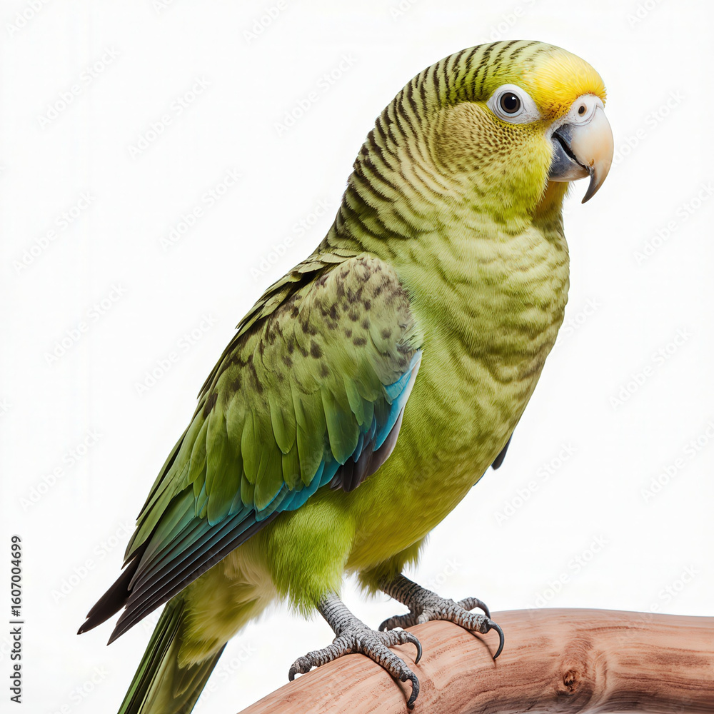 Obraz premium Charming Parrot Portrait: A vibrant parrot, with a blend of vivid green and yellow feathers, perches elegantly, displaying its exotic beauty and captivating presence.