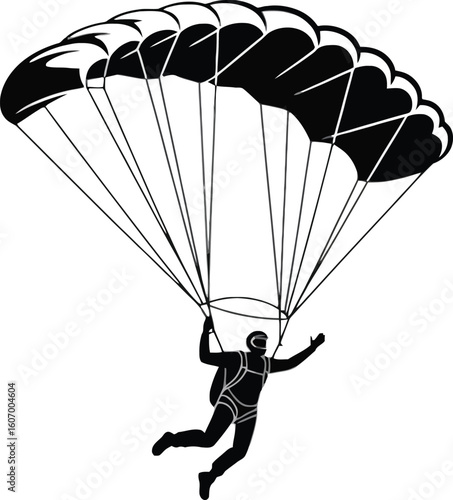 Skydiver Silhouette: Dramatic Black and White Vector Illustration of a Parachutist in Freefall.