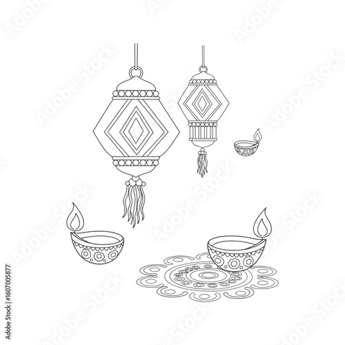 Diwali lanterns diyas and rangoli design line art illustration Indian festival