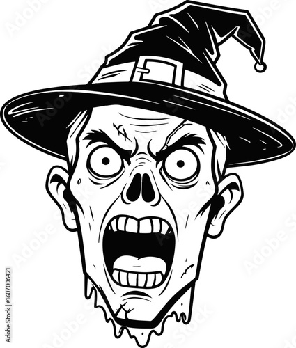 Black Outline Zombie Face with Witch Hat Vector – Halloween Horror Line Art Illustration
