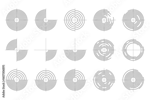 Set of 15 polar diagrams 3 rows of 5 graphs containing concentric circles and radial lines in form of target grid. Vector illustration of abstract funnels, radar signals, sound in coordinate system.