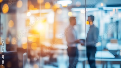 Two business professionals are shaking hands through a glass wall in a bright office setting with blurred background and warm lighting.