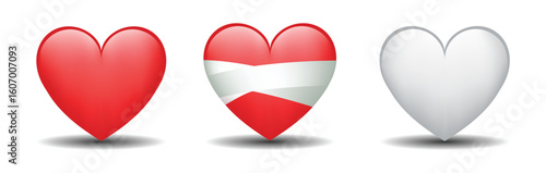 3 emoticons isolated on white background. Red and white color heart, bandaged heart vector emoji illustration. 3d illustration set.