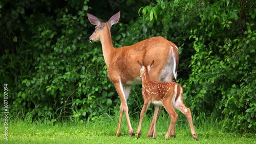 Doe Momma deer teaching young fawn how to be aware of her surroundings.