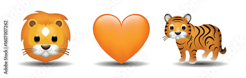 3 emoticons isolated on white background. Orange color heart, lion, tiger vector emoji illustration. 3d illustration set.