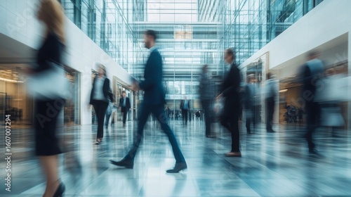 Busy modern office lobby with blurred business people walking and interacting in a glass-walled building.