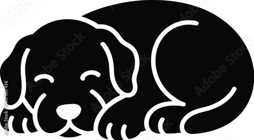 Cute puppy sleeping icon in black color. Baby or pet dog vector. 