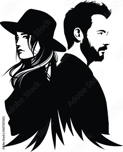 Stylish Man and Woman Back to Back - Black and White Couple Vector Art.
