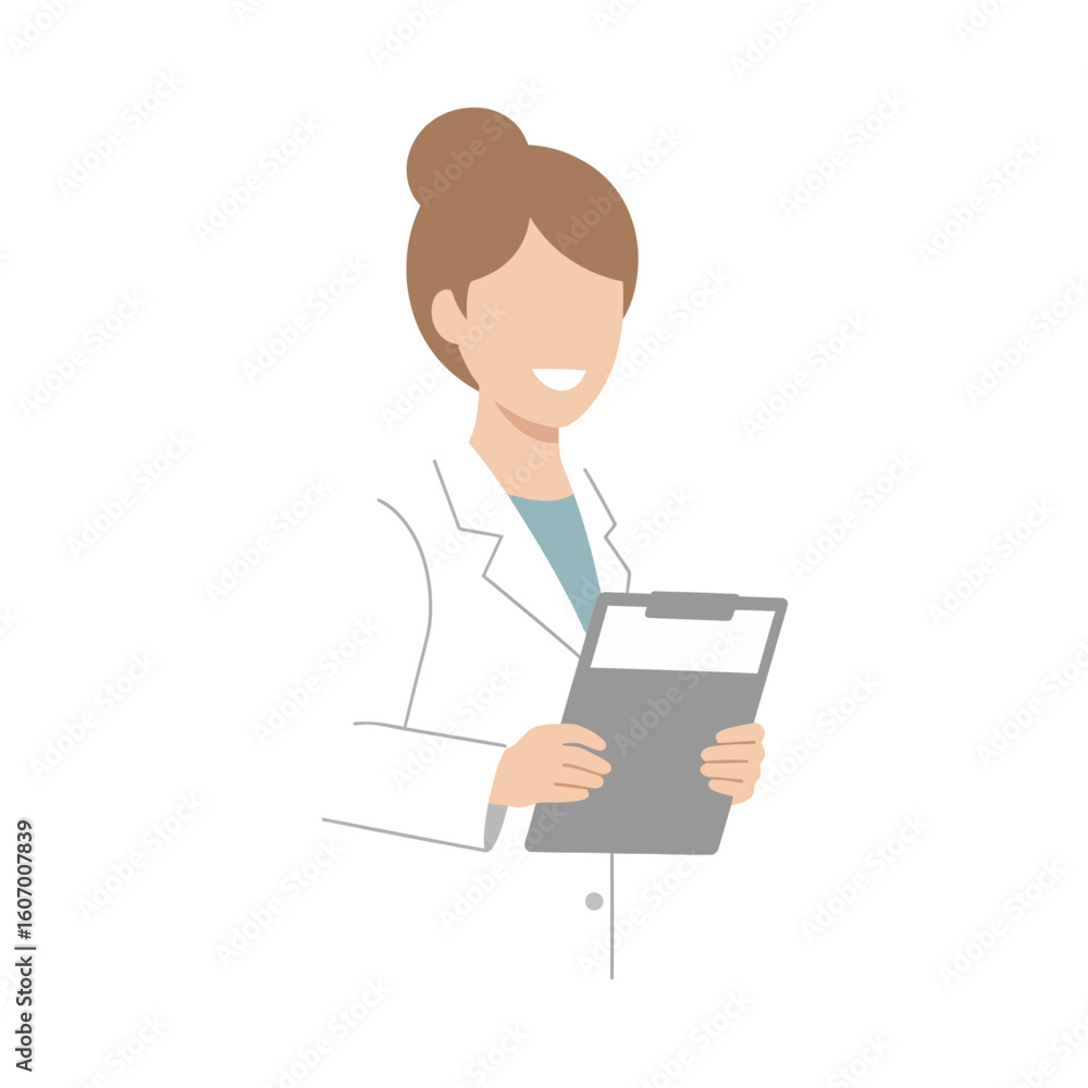 Smiling female cartoon doctor in white lab coat holding a gray clipboard with hair bun. Smiling female cartoon doctor in white lab coat holding a gray clipboard with hair bun.
